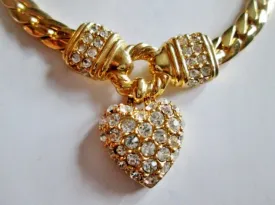 15" HEART Rhinestone Charm PENDANT Necklace GOLD Choker LOVE Soulmate Chainlink Rope