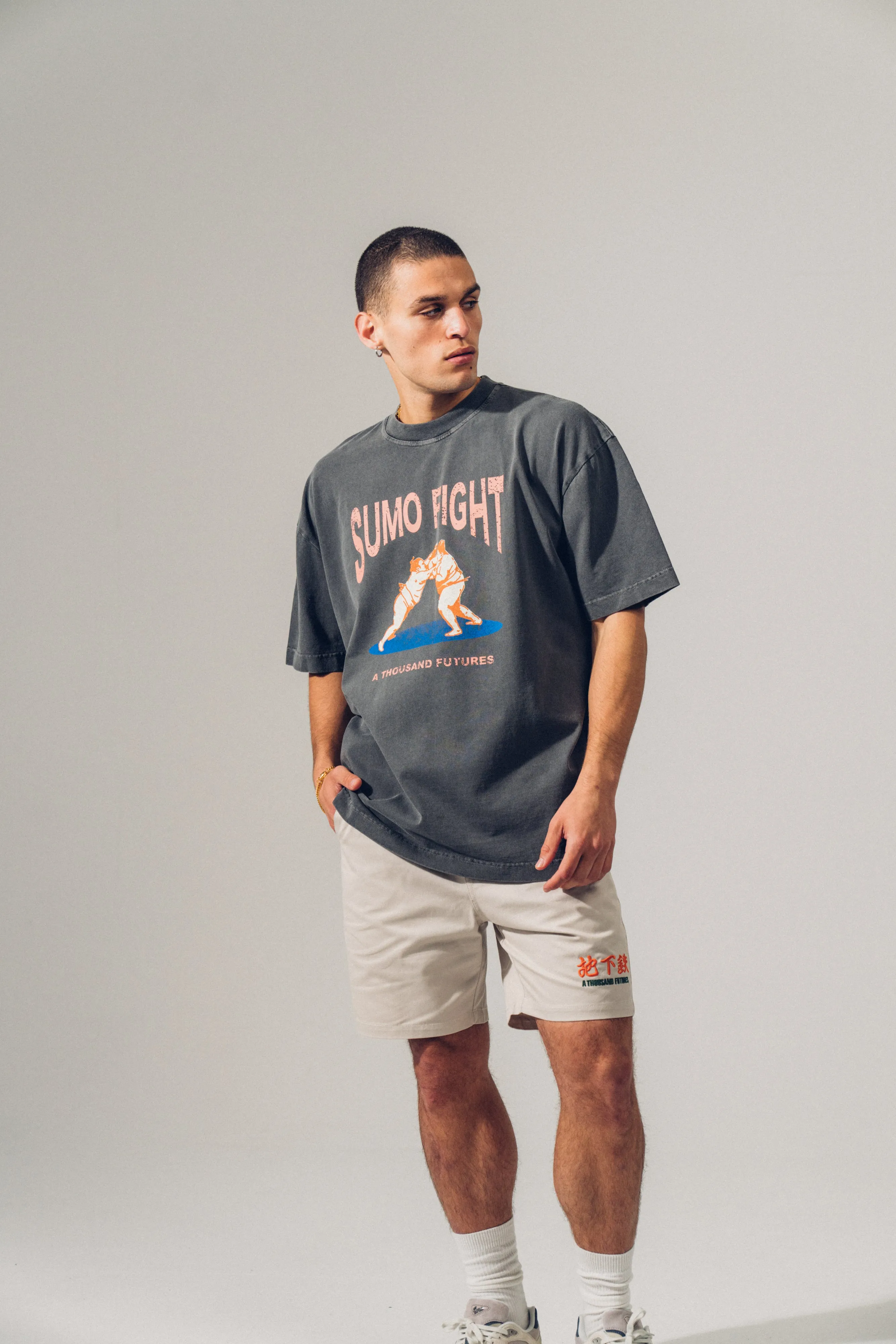 A Thousand Futures 'Sumo Fight' Vintage Washed Tee - Charcoal