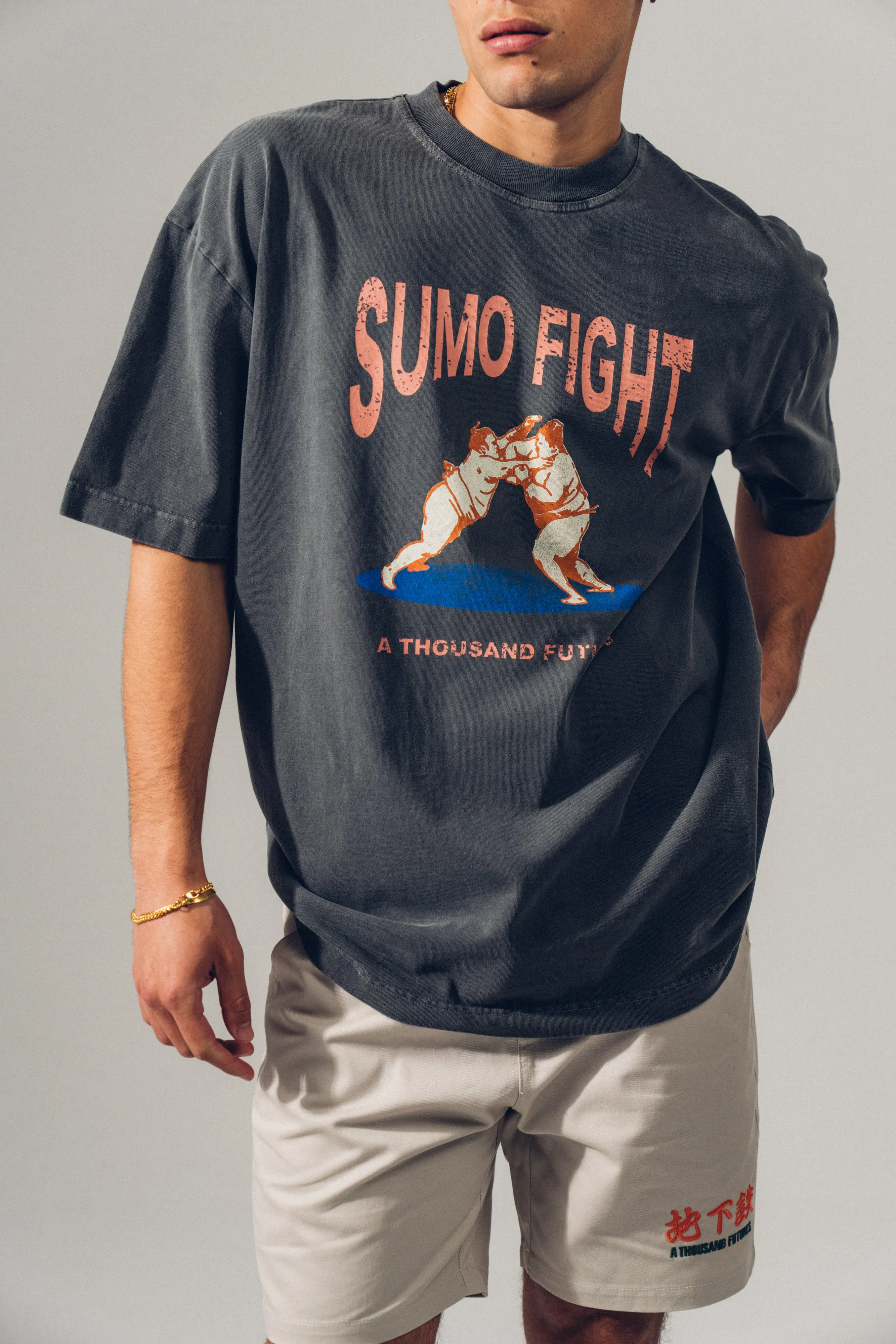 A Thousand Futures 'Sumo Fight' Vintage Washed Tee - Charcoal