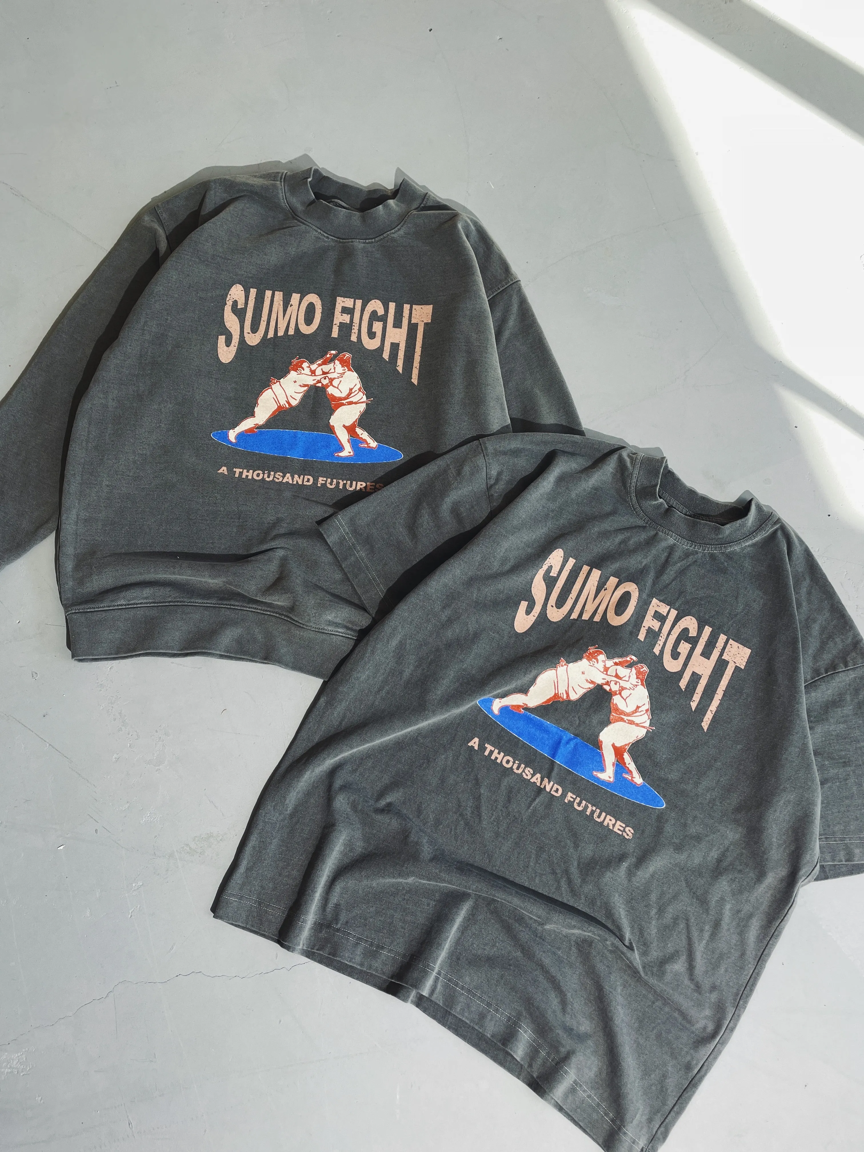 A Thousand Futures 'Sumo Fight' Vintage Washed Tee - Charcoal