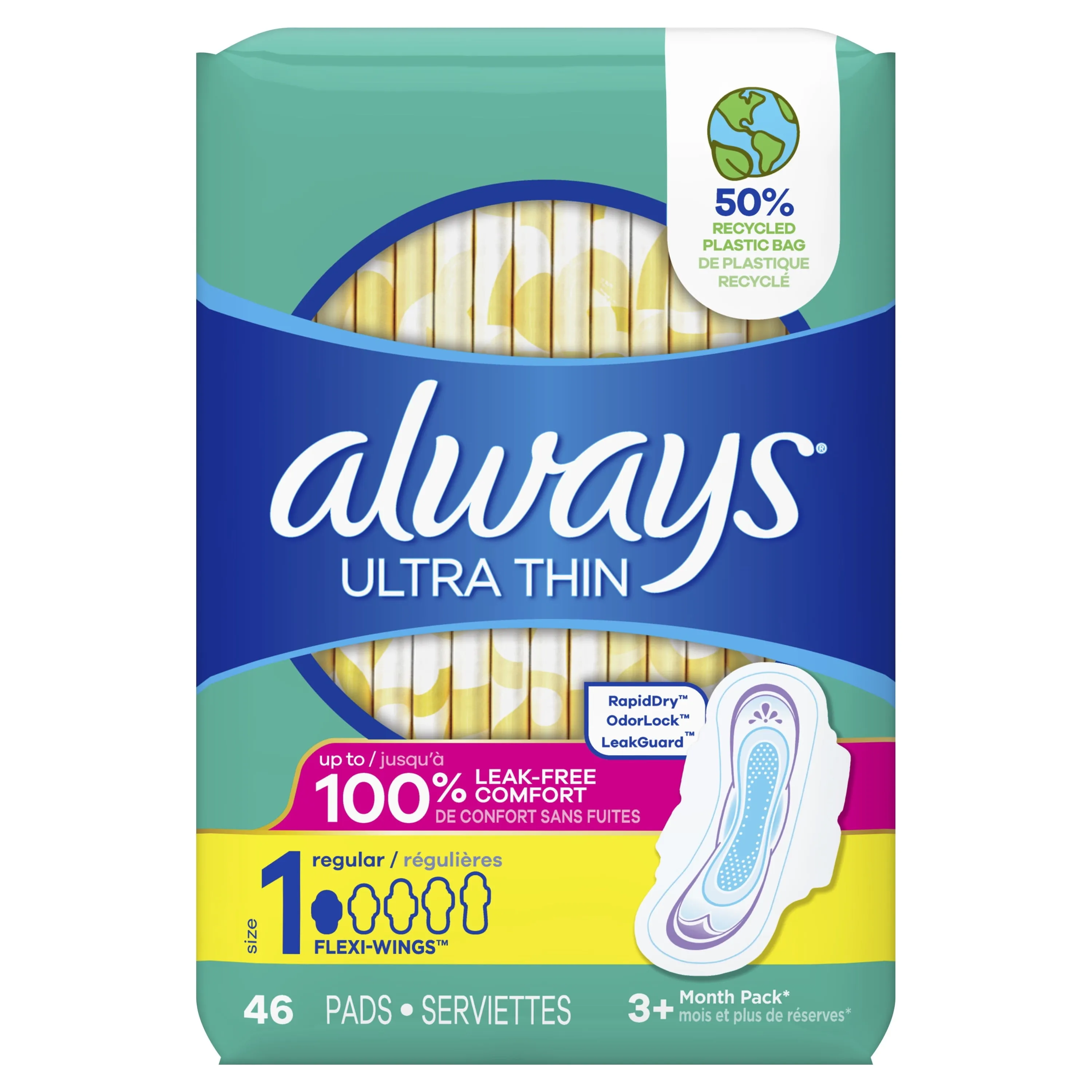 Always Ultra Thin Daytime Pads with Wings, Size 1, Regular, Unscented, 46 Ct