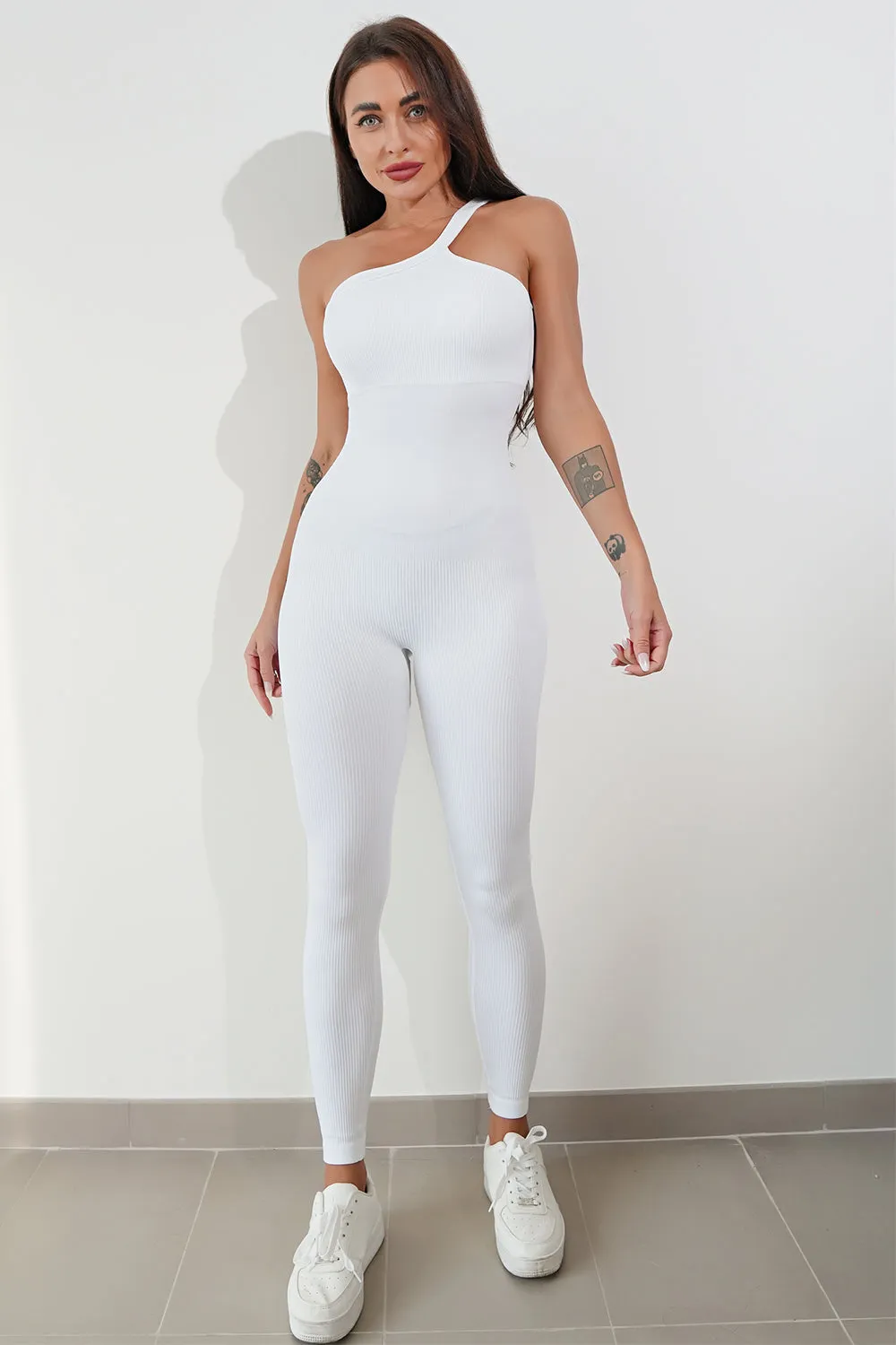 Asymmetrical Neck Wide Strap Active Jumpsuit