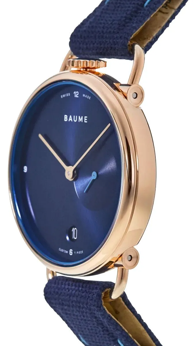 Baume & Mercier Baume Rose Gold PVD Blue Dial Blue Cotton Strap Date Quartz Mens Watch M0A10603