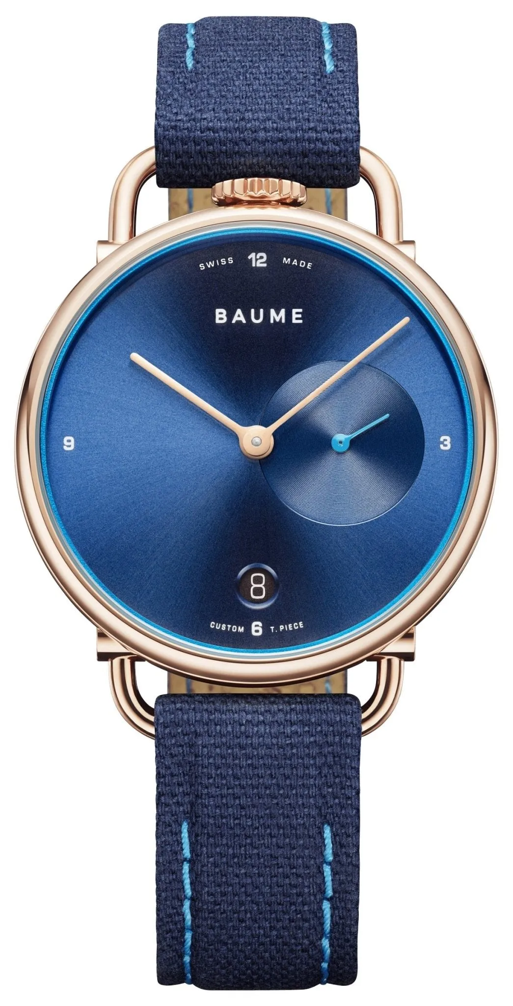 Baume & Mercier Baume Rose Gold PVD Blue Dial Blue Cotton Strap Date Quartz Mens Watch M0A10603