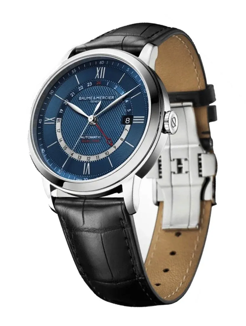 Baume & Mercier Classima Automatic GMT Steel Blue Dial Date Black Leather Strap Mens Watch M0A10482