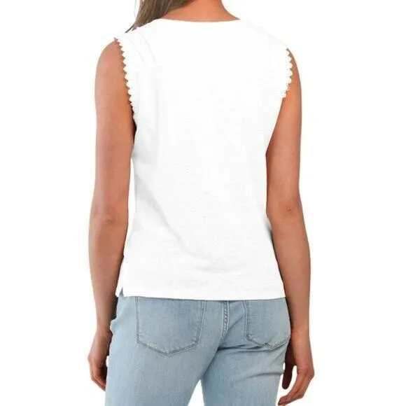 Cyrus Linen / Cotton Blend Eyelet Trim Split Hem Tank Top