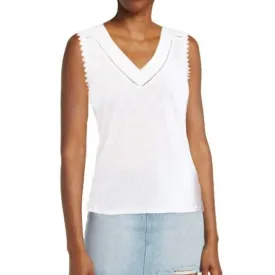 Cyrus Linen / Cotton Blend Eyelet Trim Split Hem Tank Top