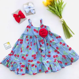 Dahlia Dress in Sky Cherries Print