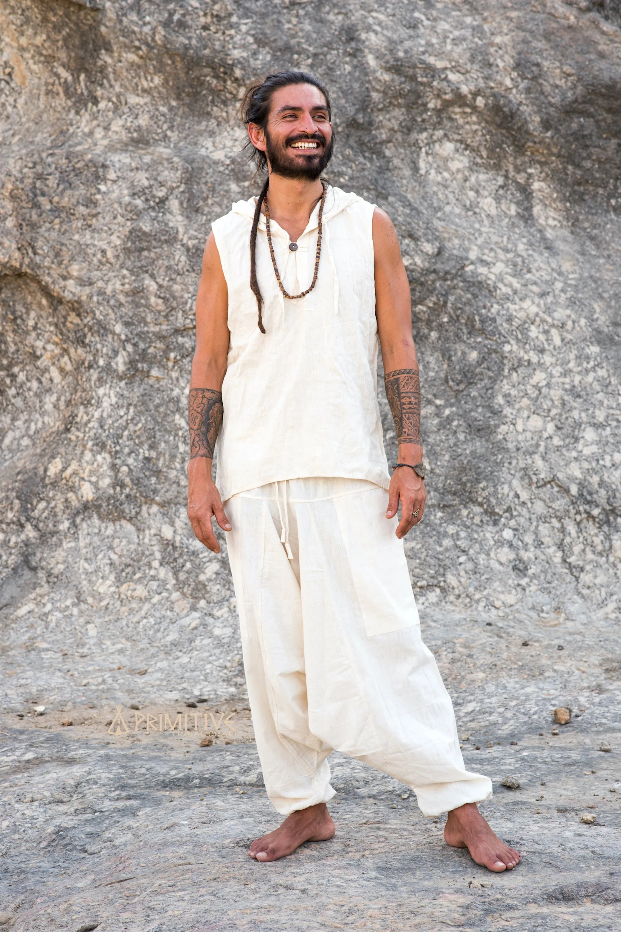 Earthy Men Outfit ⋘⋙ Sleeveless Shirt with Hoodie   Harem Pants ⋘⋙ Handwoven Natural Khadi Cotton