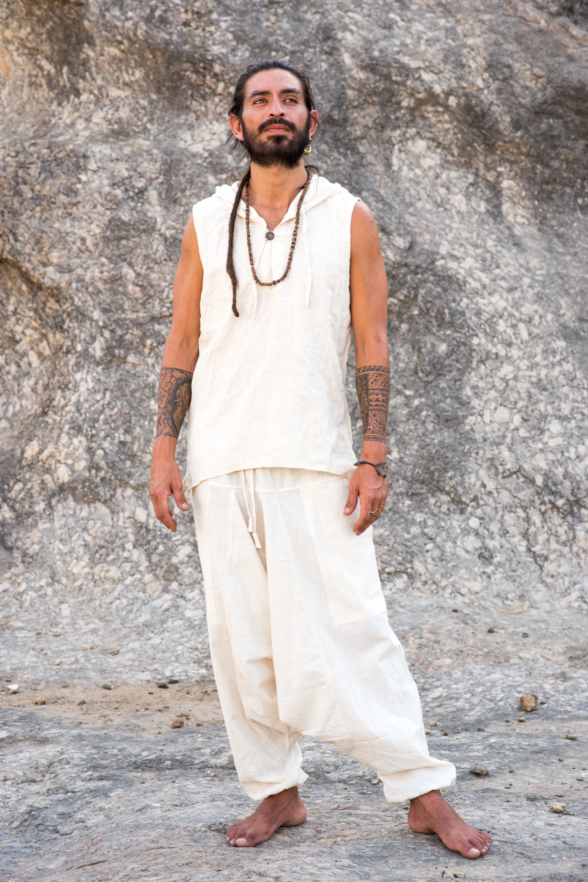 Earthy Men Outfit ⋘⋙ Sleeveless Shirt with Hoodie   Harem Pants ⋘⋙ Handwoven Natural Khadi Cotton