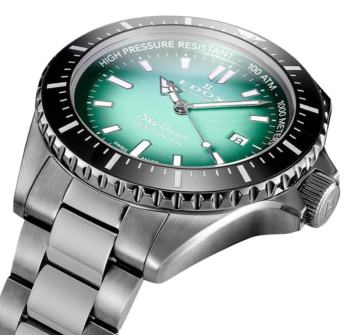 Edox Skydiver Neptunian Automatic Stainless Steel Green Dial Date Divers Mens Watch 80120-3NM-VDN