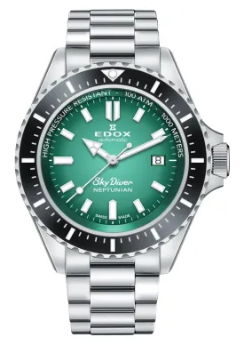 Edox Skydiver Neptunian Automatic Stainless Steel Green Dial Date Divers Mens Watch 80120-3NM-VDN