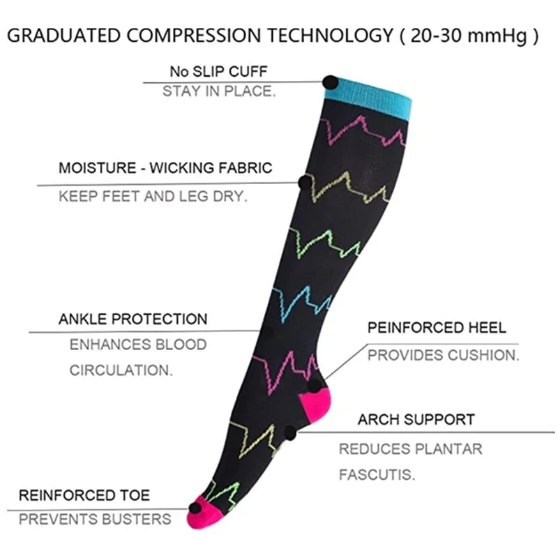 EKG Heartbeat Patterned Knee High - Black (Compression Socks)