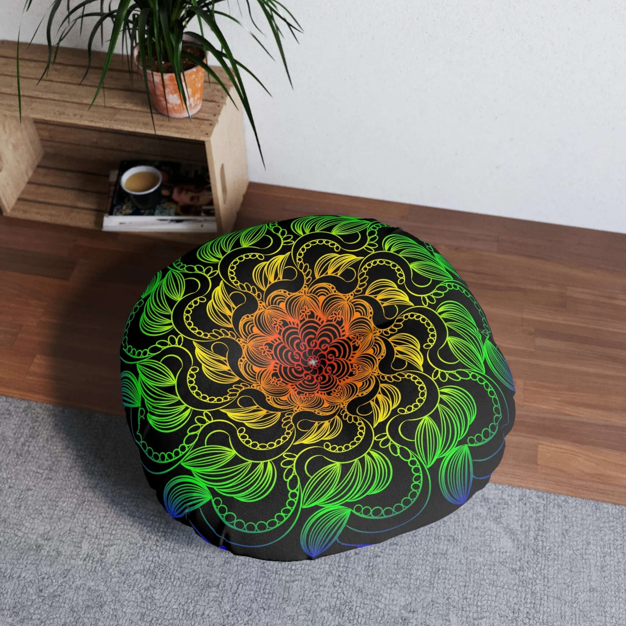 Handmade Mandala Art Floor Cushion - Rainbow on Black - Tufted Round