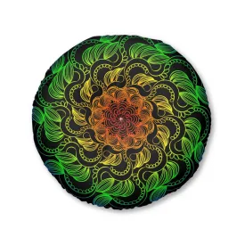 Handmade Mandala Art Floor Cushion - Rainbow on Black - Tufted Round