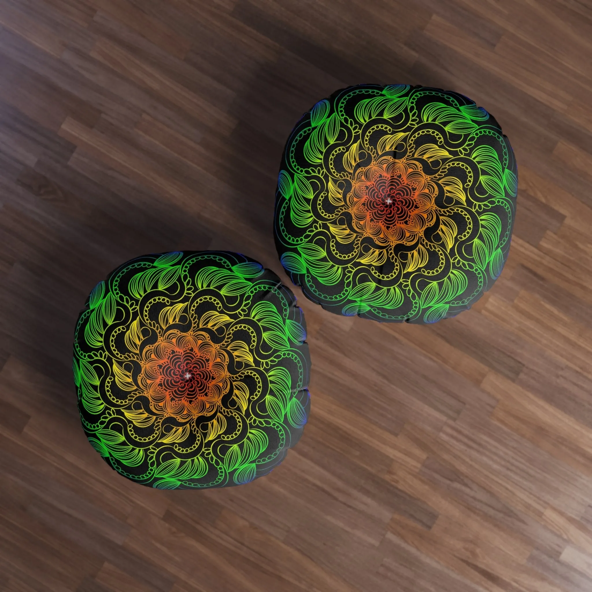 Handmade Mandala Art Floor Cushion - Rainbow on Black - Tufted Round