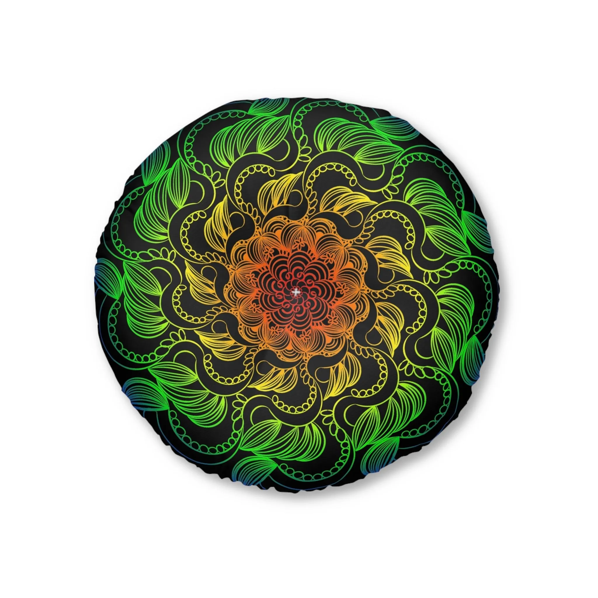 Handmade Mandala Art Floor Cushion - Rainbow on Black - Tufted Round