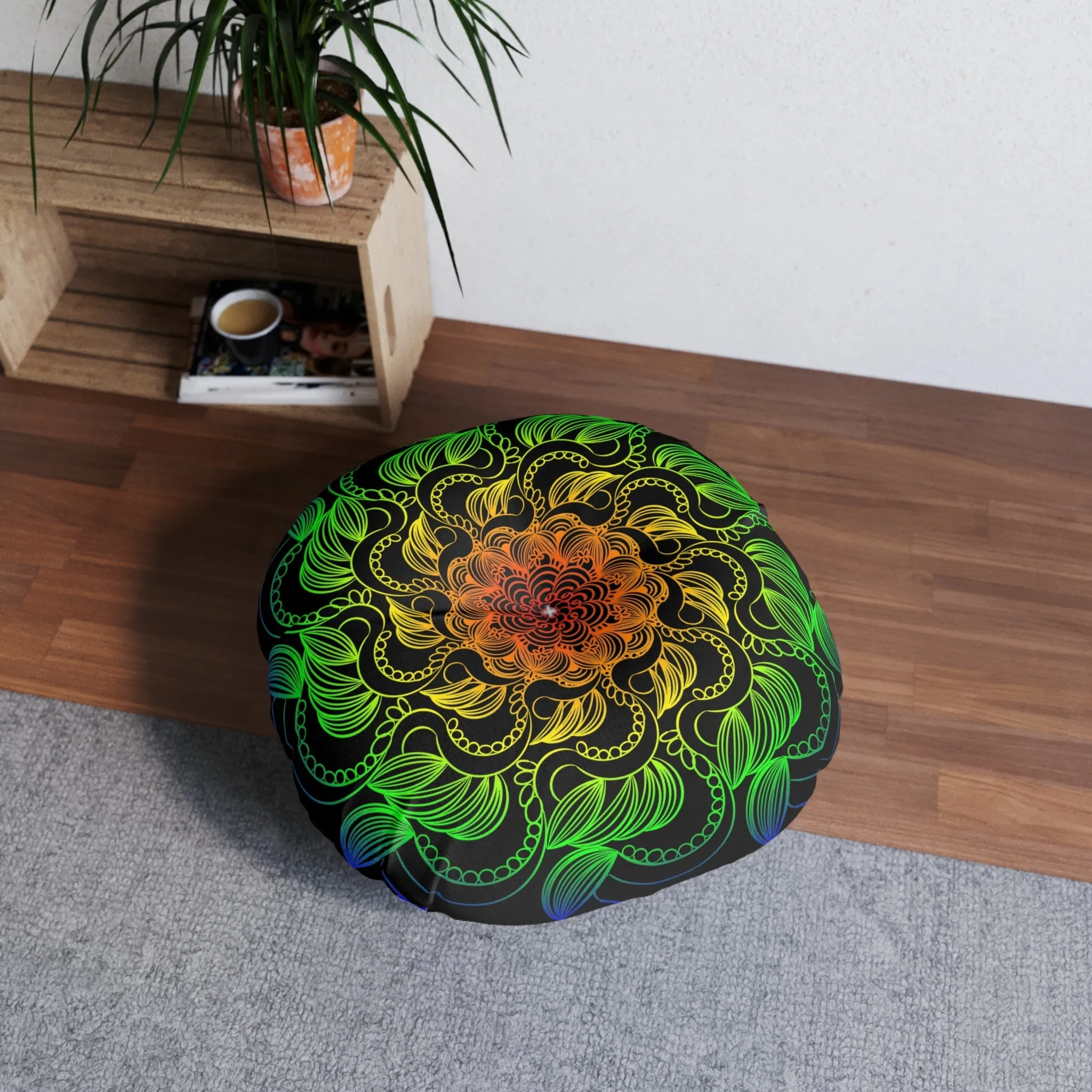 Handmade Mandala Art Floor Cushion - Rainbow on Black - Tufted Round