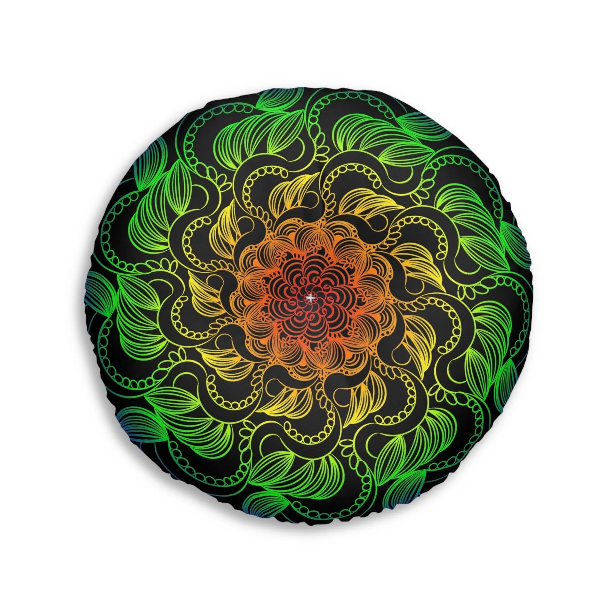 Handmade Mandala Art Floor Cushion - Rainbow on Black - Tufted Round