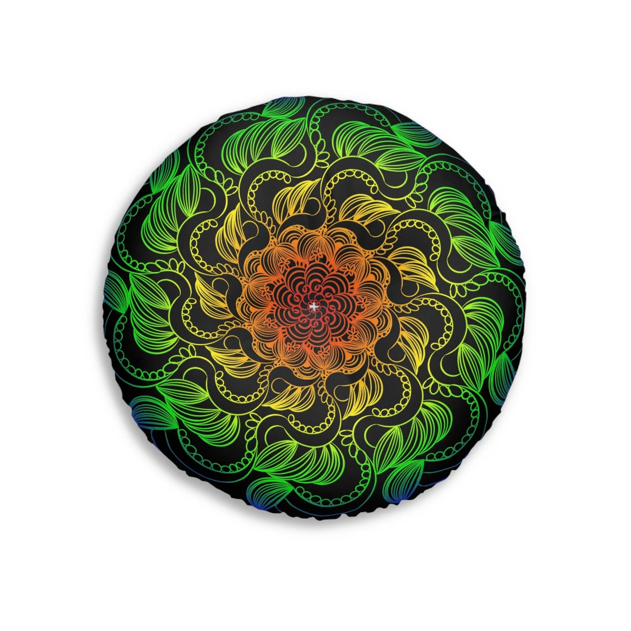 Handmade Mandala Art Floor Cushion - Rainbow on Black - Tufted Round