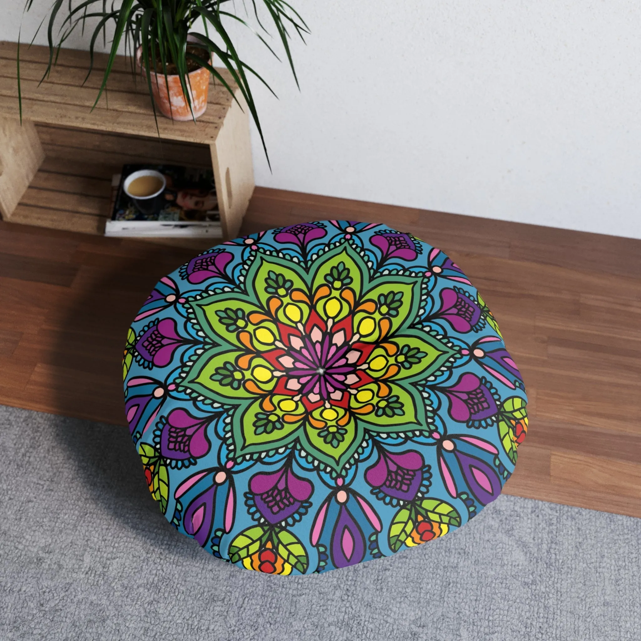 Handmade Mandala Art Floor Cushion - Tufted Round Pillow