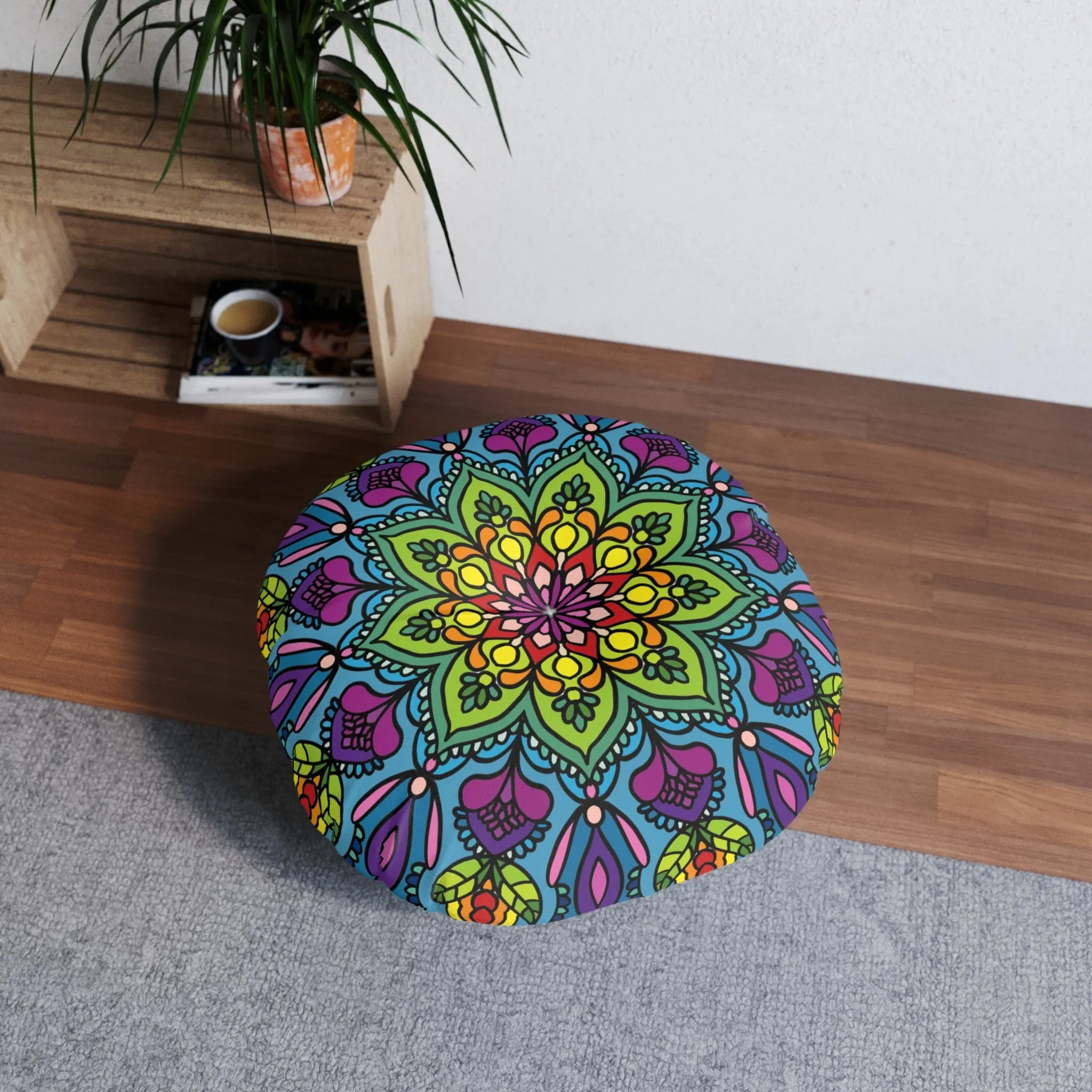 Handmade Mandala Art Floor Cushion - Tufted Round Pillow