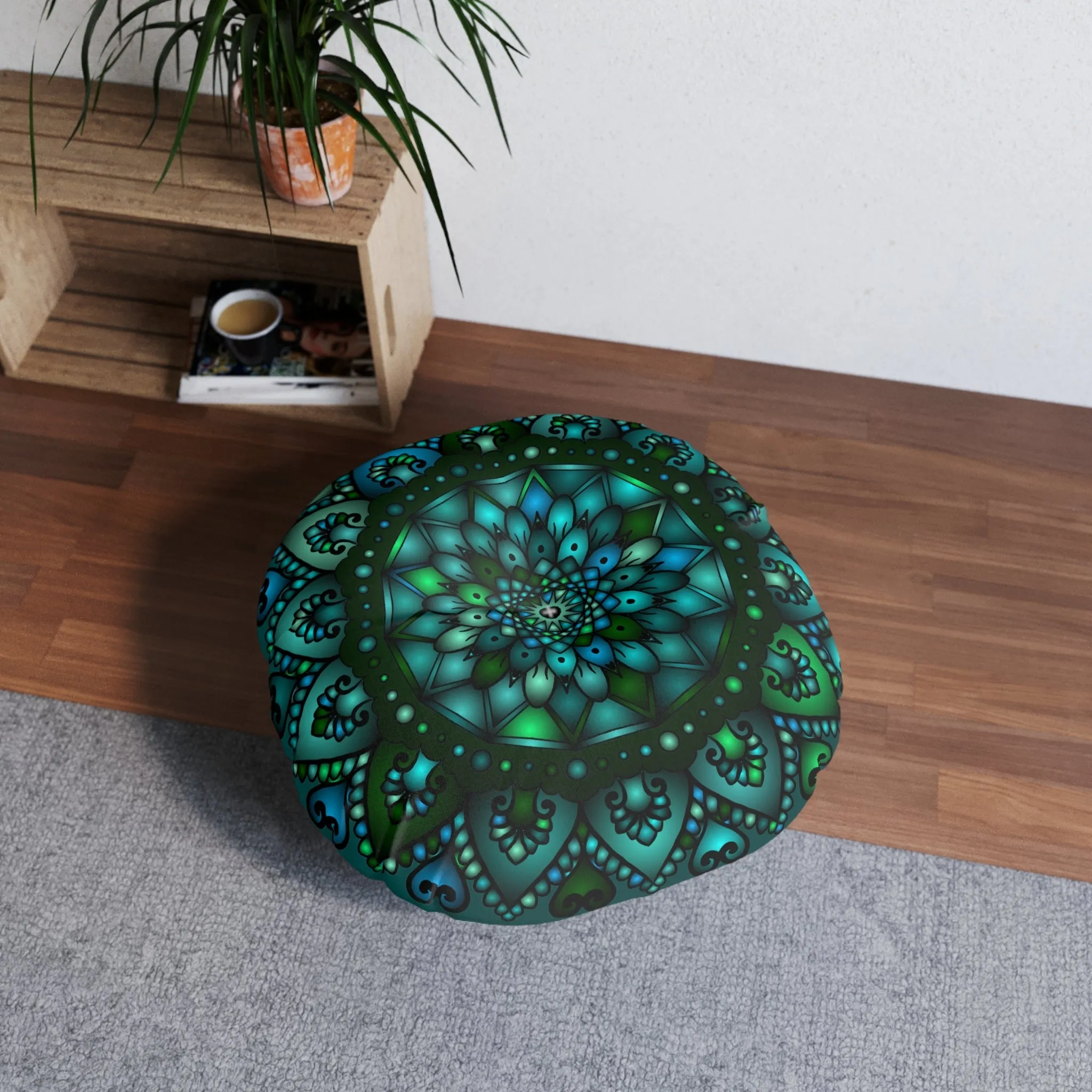 Handmade Mandala Art Tufted Floor Pillow - Round, Petroleum Green