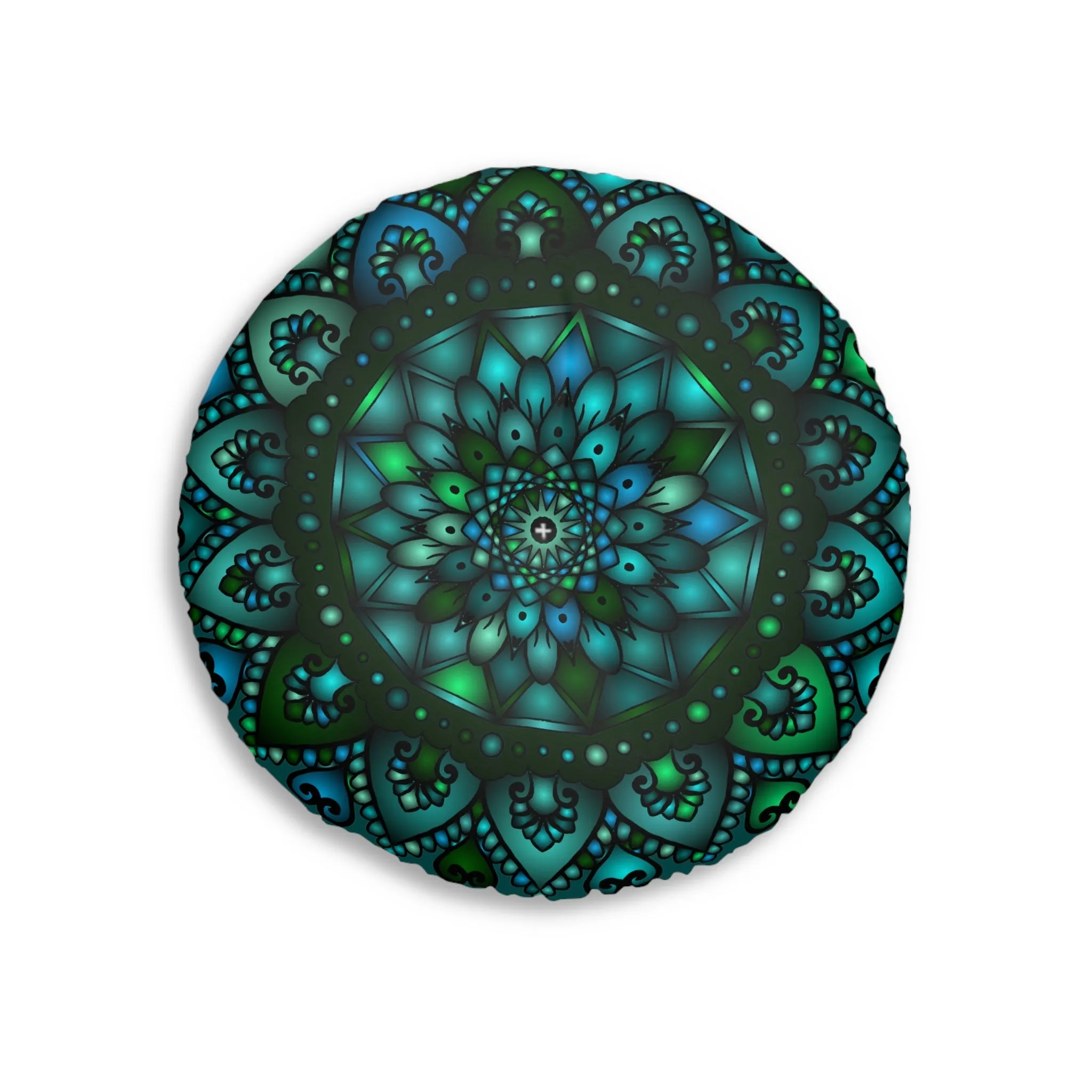 Handmade Mandala Art Tufted Floor Pillow - Round, Petroleum Green