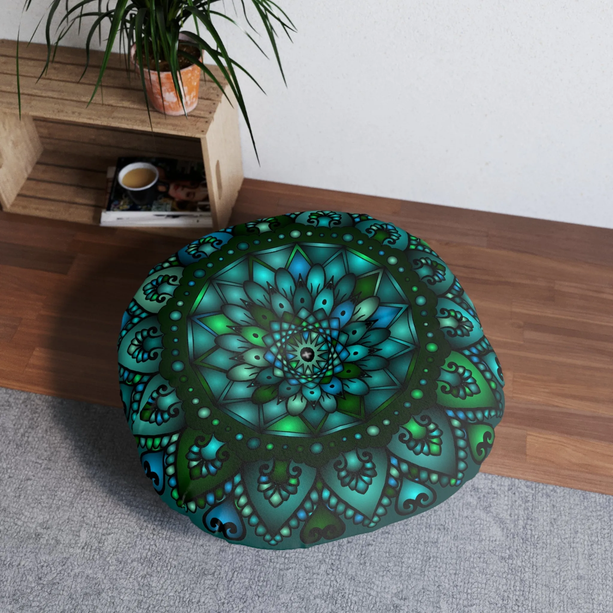 Handmade Mandala Art Tufted Floor Pillow - Round, Petroleum Green