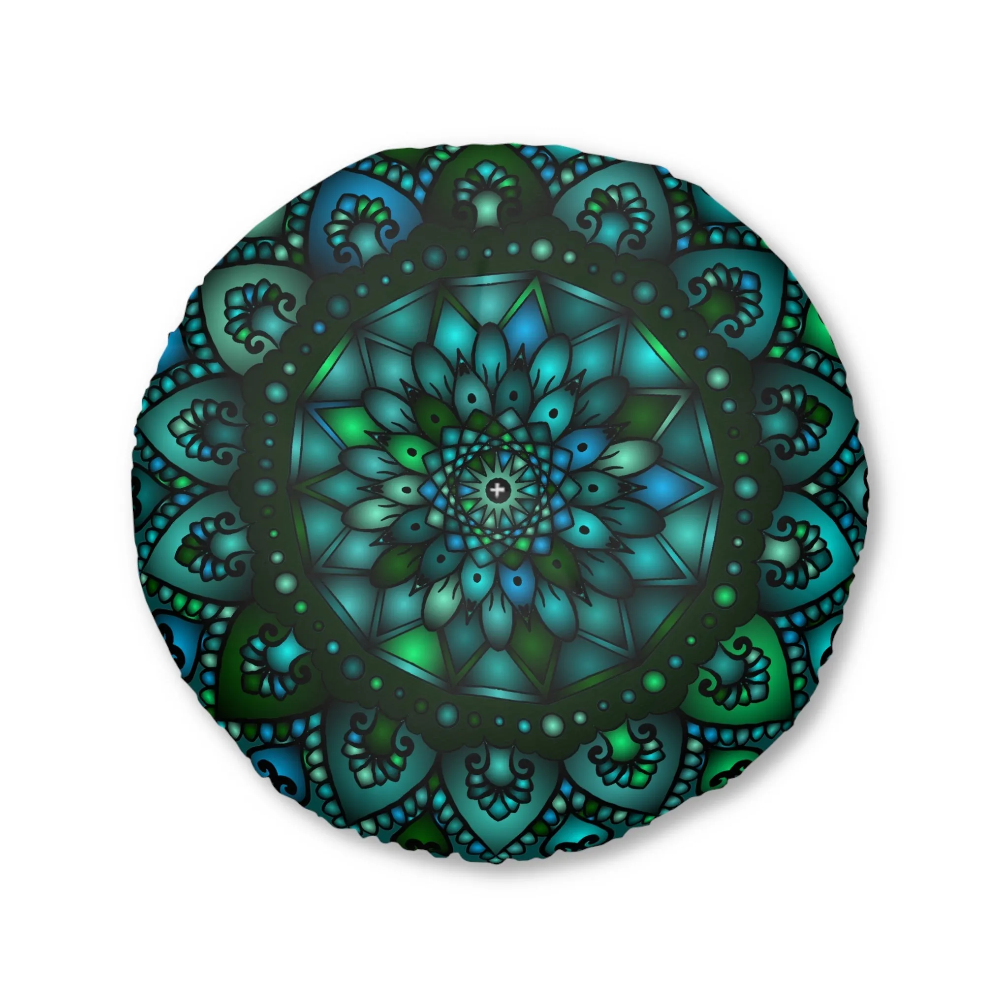 Handmade Mandala Art Tufted Floor Pillow - Round, Petroleum Green