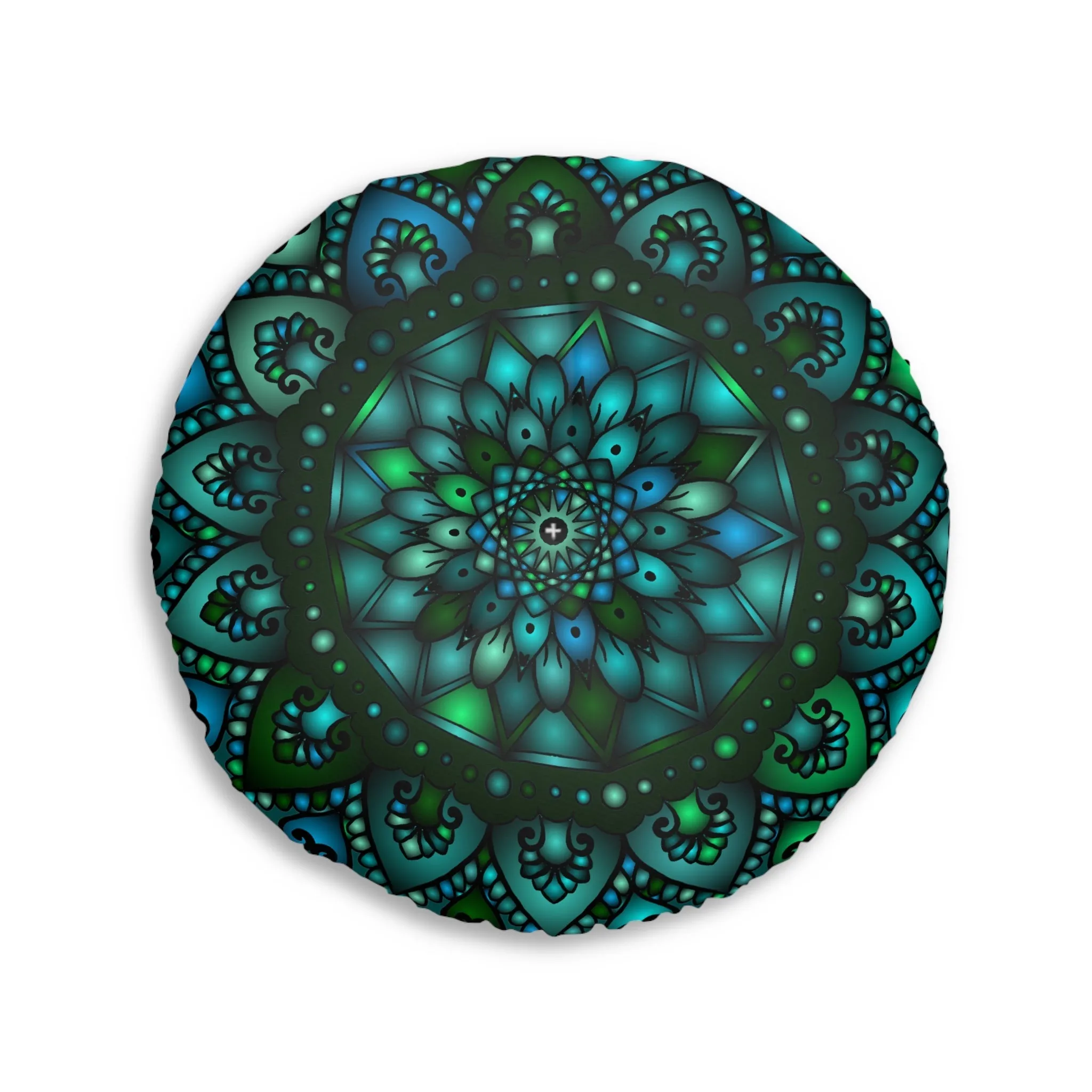 Handmade Mandala Art Tufted Floor Pillow - Round, Petroleum Green