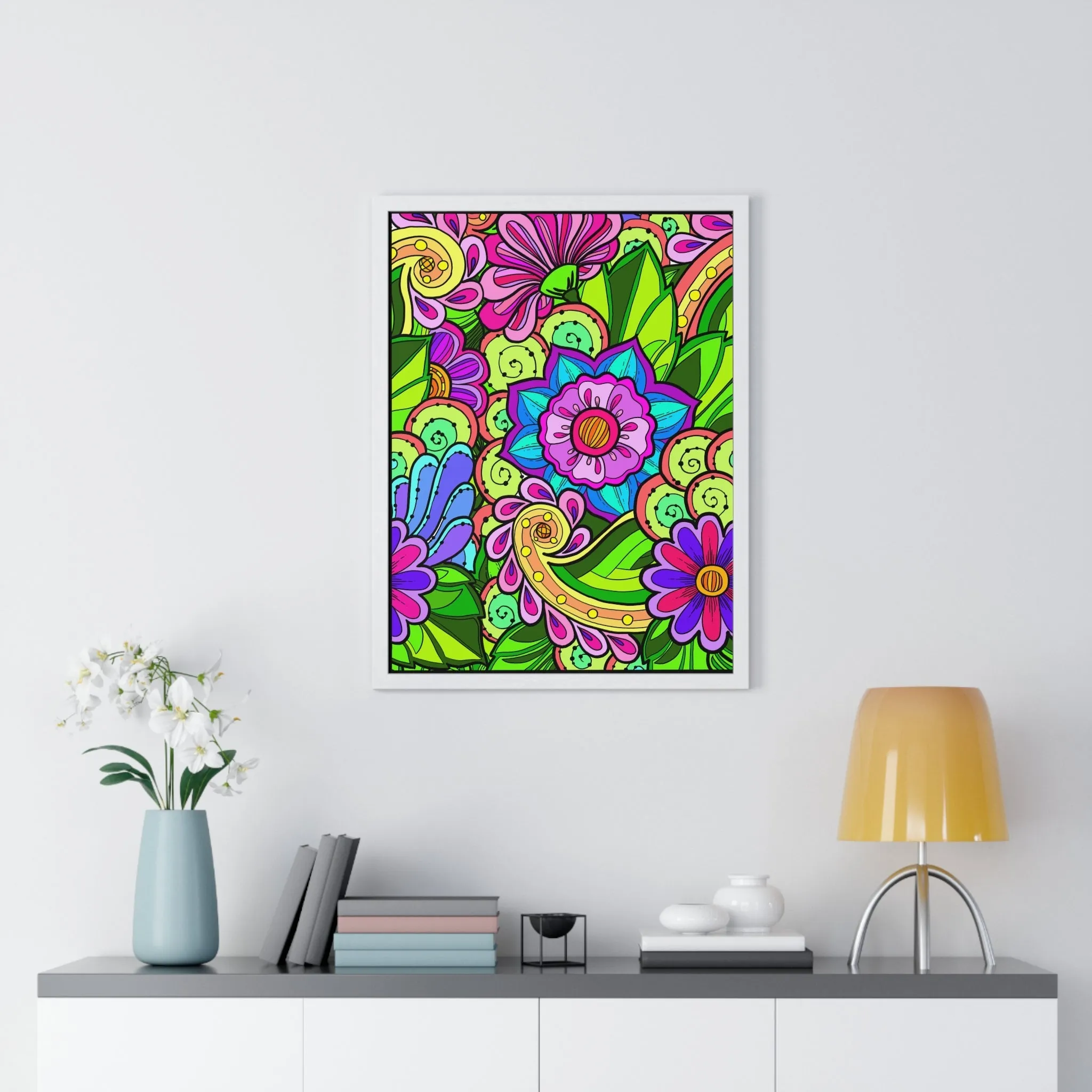 Handmade Mandala Flower Doodle Poster - Vertical Framed Art