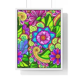 Handmade Mandala Flower Doodle Poster - Vertical Framed Art