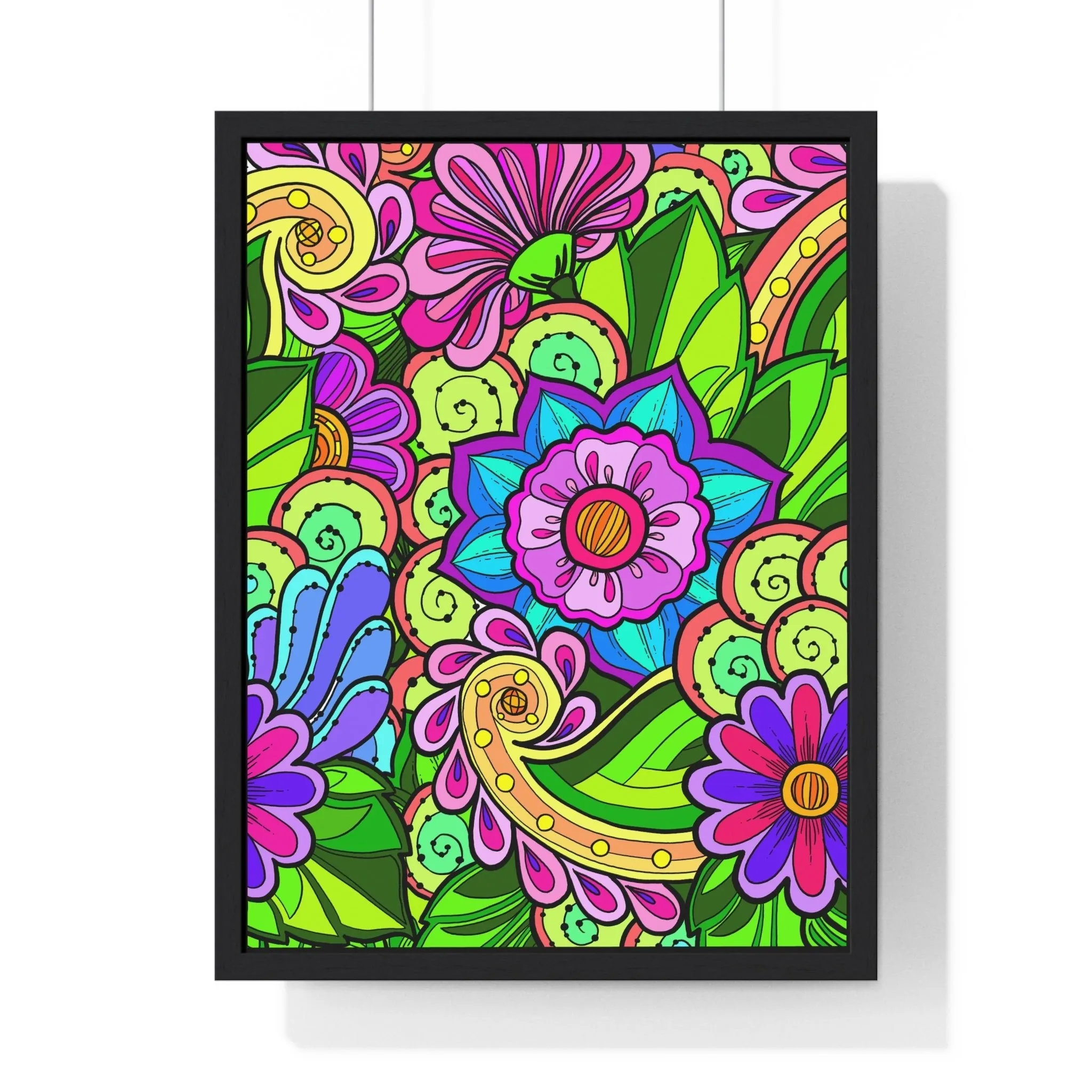 Handmade Mandala Flower Doodle Poster - Vertical Framed Art