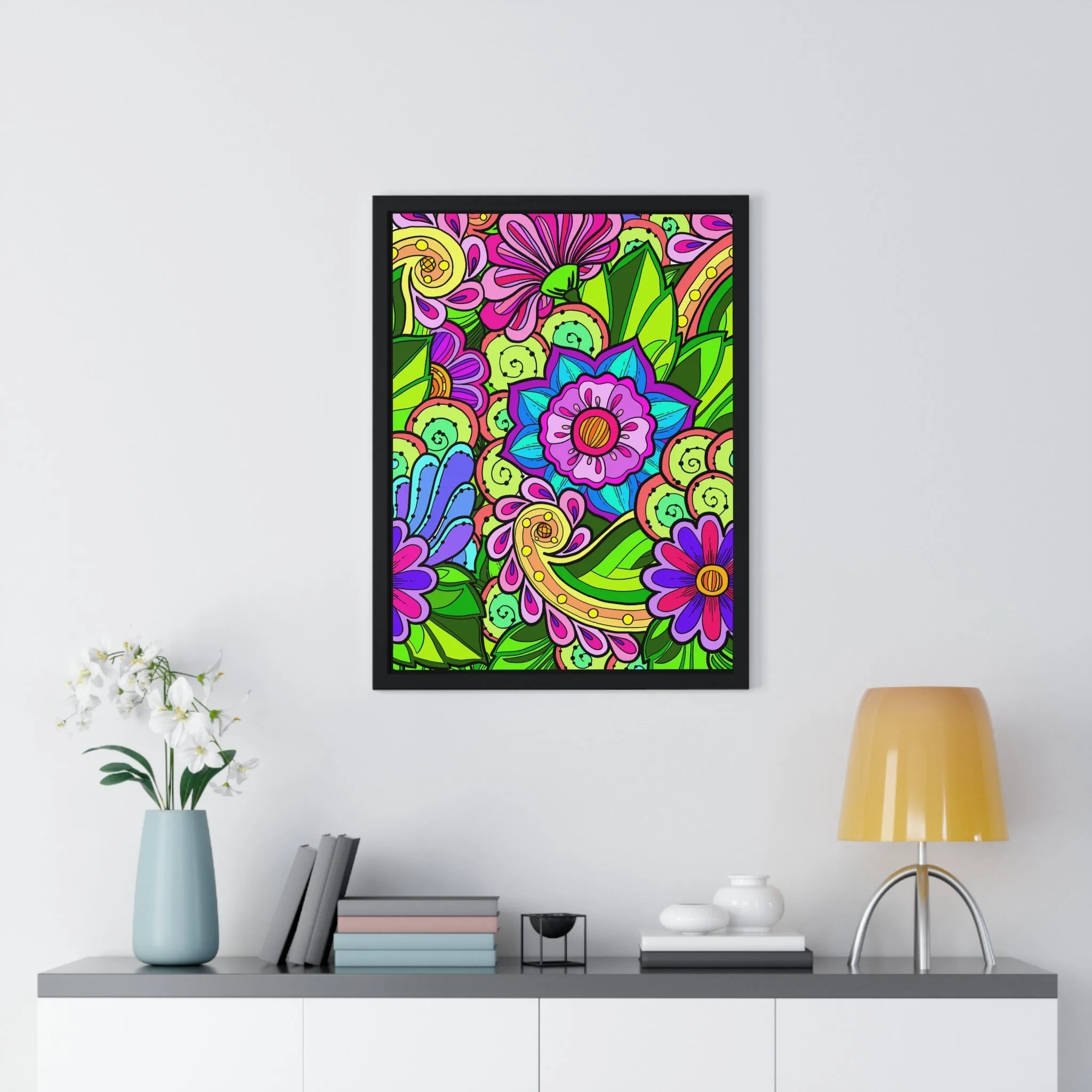 Handmade Mandala Flower Doodle Poster - Vertical Framed Art