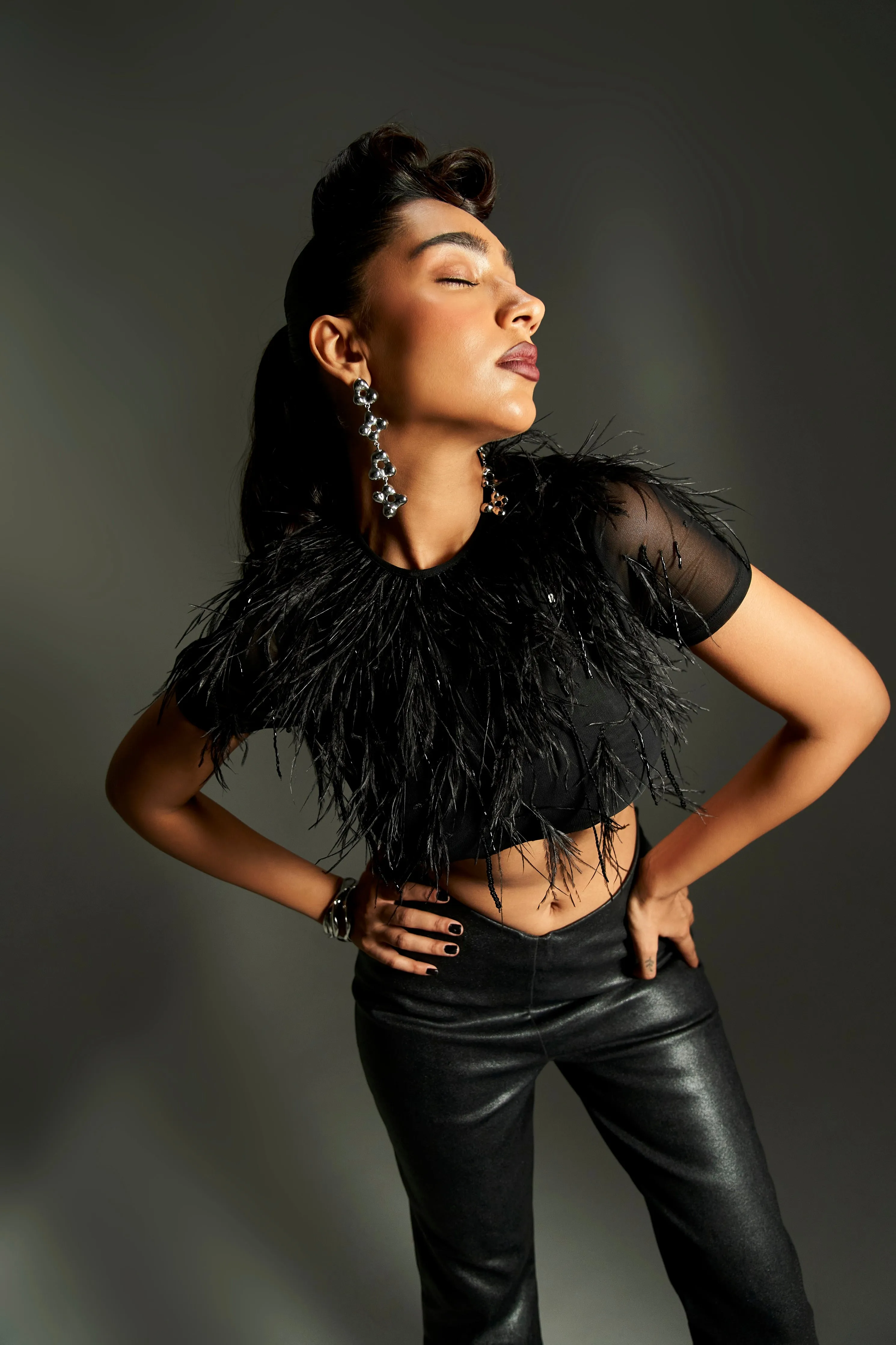 Isla Black Feather Embellished Crop Top & Pant Set