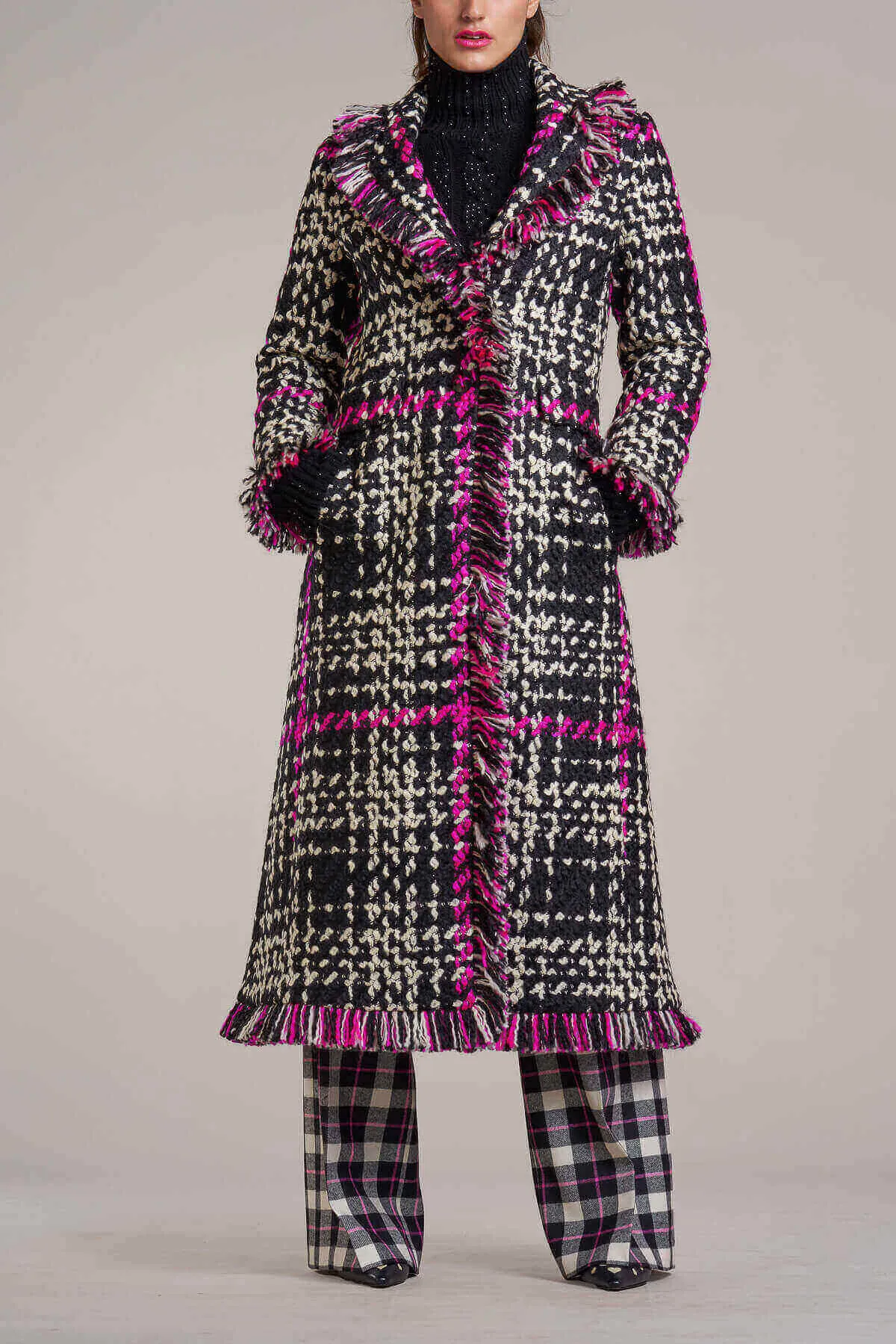 Long Tweed Coat with Fringe - Black   Pink