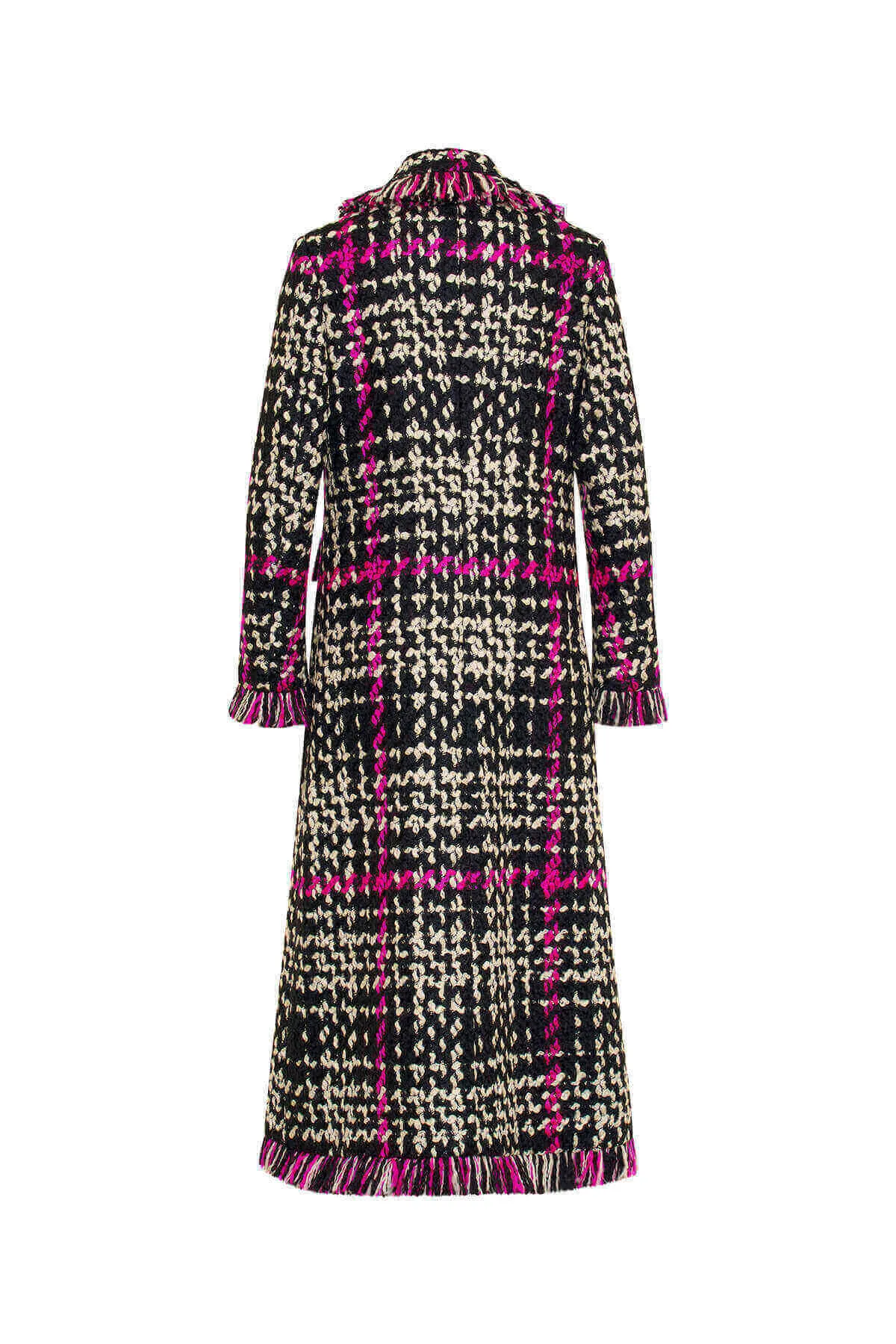 Long Tweed Coat with Fringe - Black   Pink