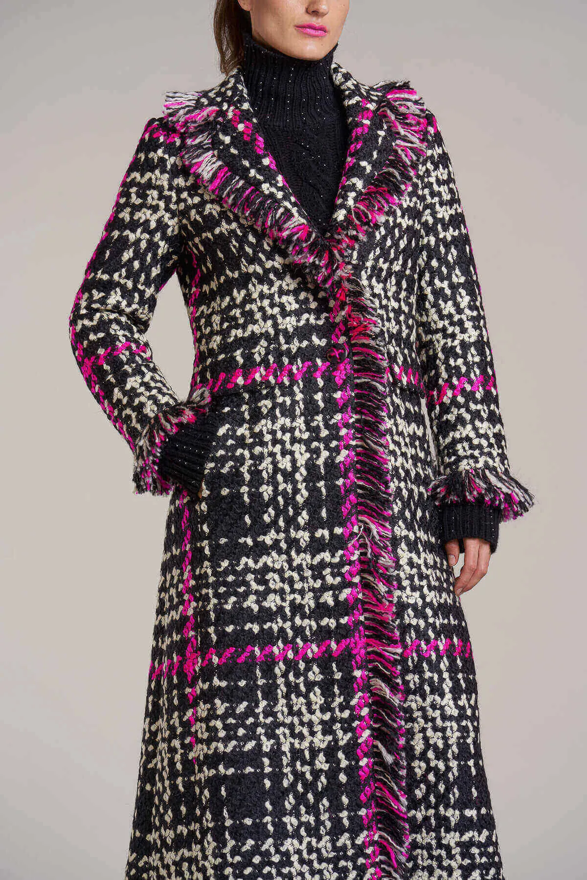 Long Tweed Coat with Fringe - Black   Pink