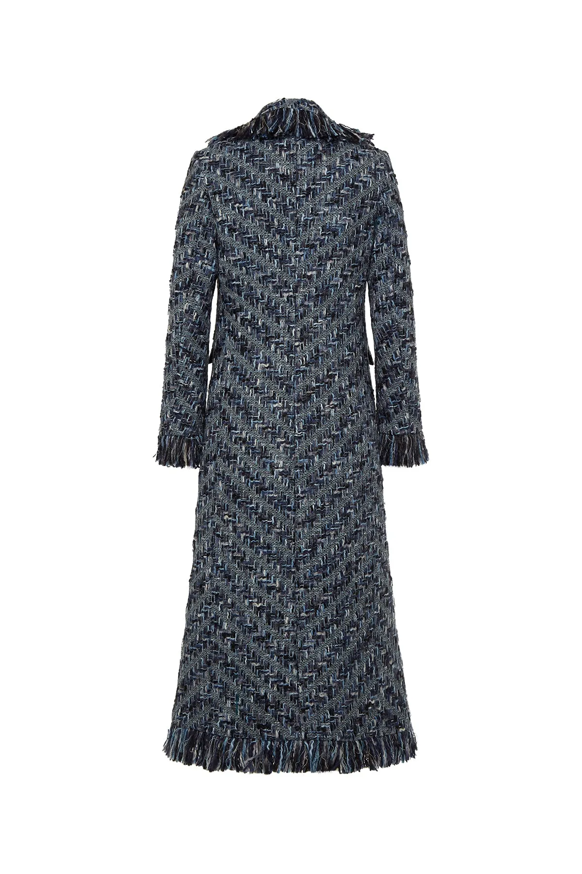 Long Tweed Coat with Fringe - Blue