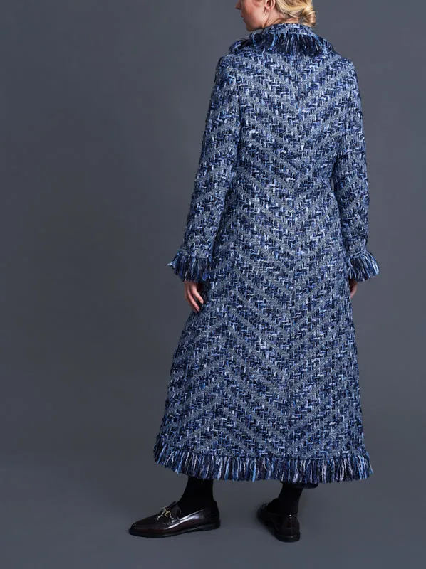 Long Tweed Coat with Fringe - Blue