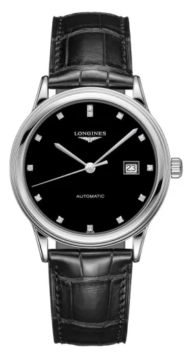 Longines Flagship Automatic Stainless Steel Black Dial Black Leather Strap Diamonds Date Mens Watch L4.984.4.57.2