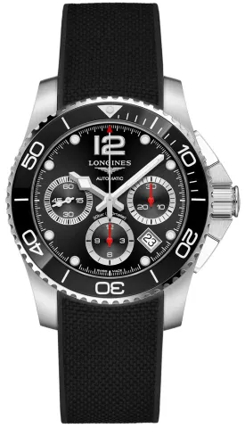 Longines HydroConquest Automatic Chronograph Stainless Steel Black Rubber Strap Black Dial Date Divers Mens Watch L3.783.4.56.9