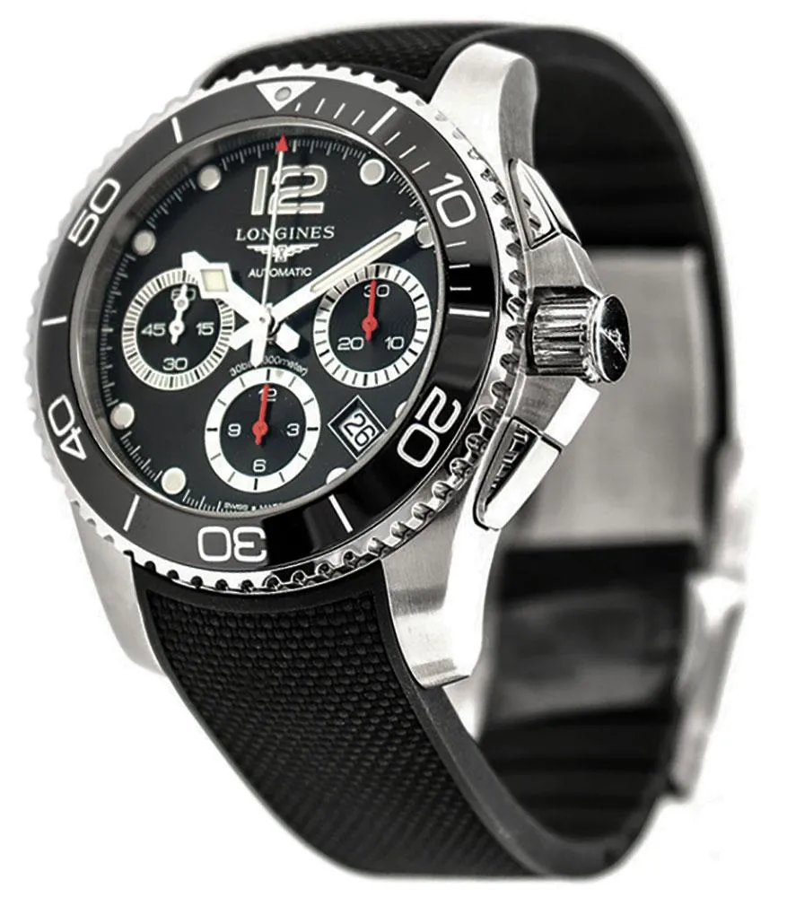 Longines HydroConquest Automatic Chronograph Stainless Steel Black Rubber Strap Black Dial Date Divers Mens Watch L3.783.4.56.9