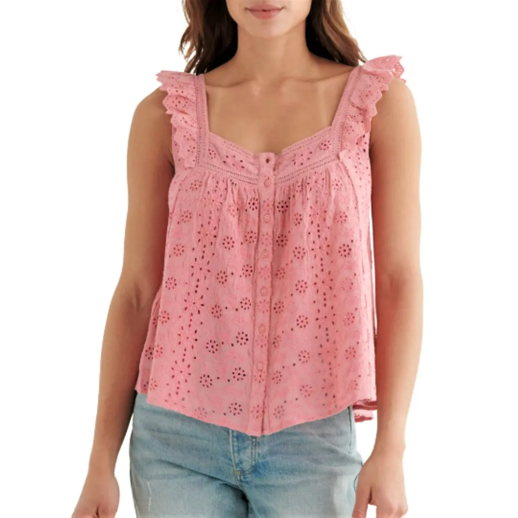 Lucky Brand Embroidered Ruffle Button Down Tank Top