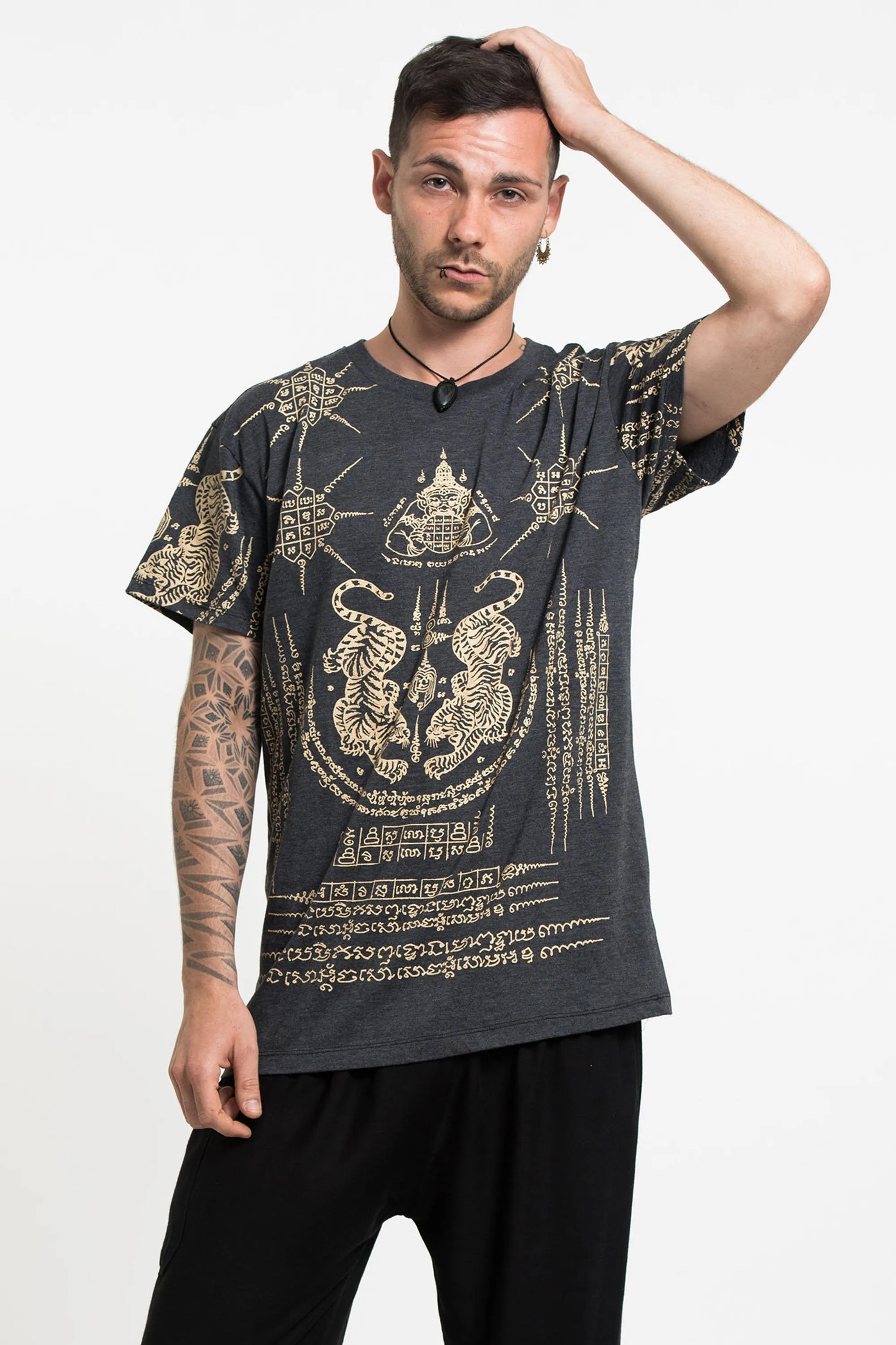 Mens Twin Tigers Tattoo T-Shirt in Black