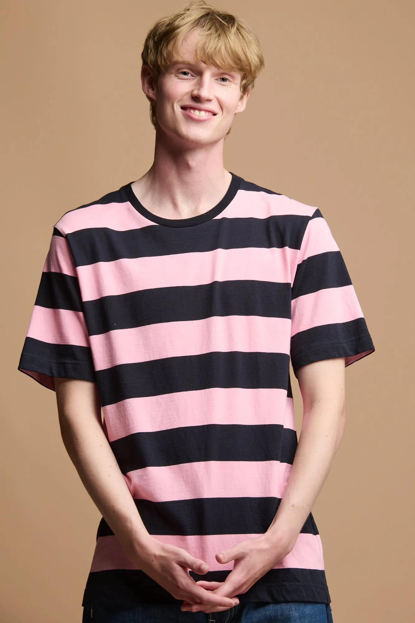 Men's Wide Stripe Short Sleeve T Shirt - Pink/Navy