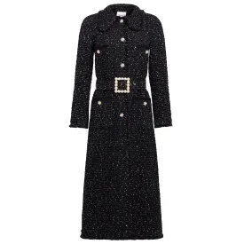 Navy   Black Melange Tweed Belted Trench Coat