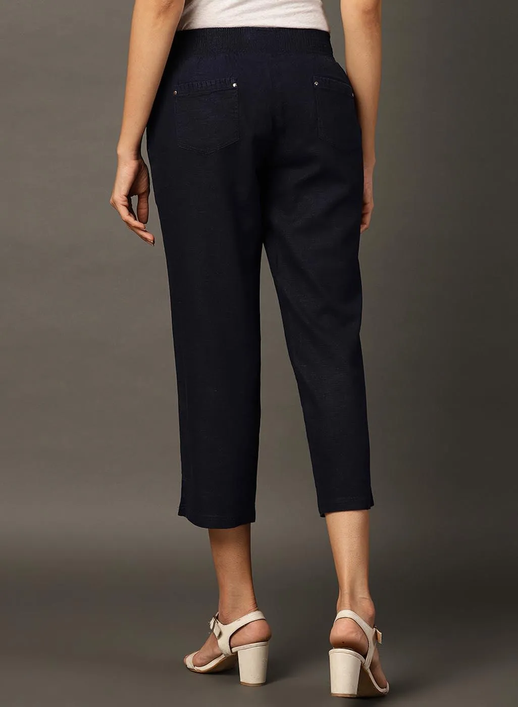 Navy Blue Regular Plain Linen Capri