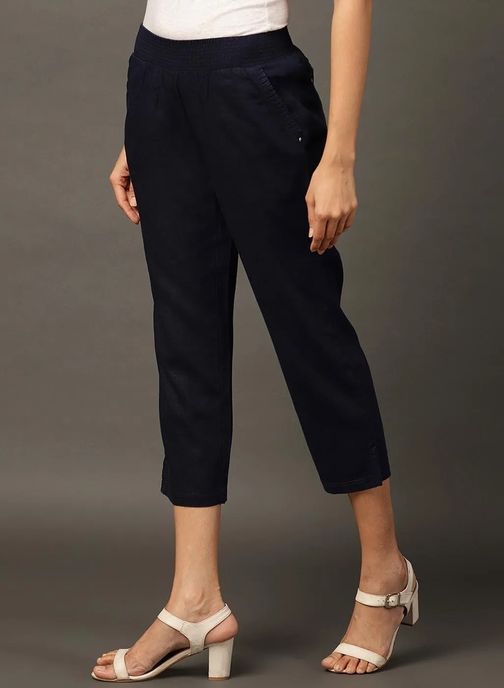 Navy Blue Regular Plain Linen Capri